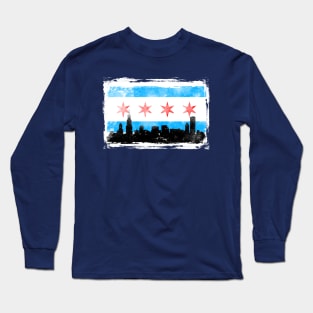 CHICAGO FLAG W/ WHITE BG - DISTRESSED Long Sleeve T-Shirt